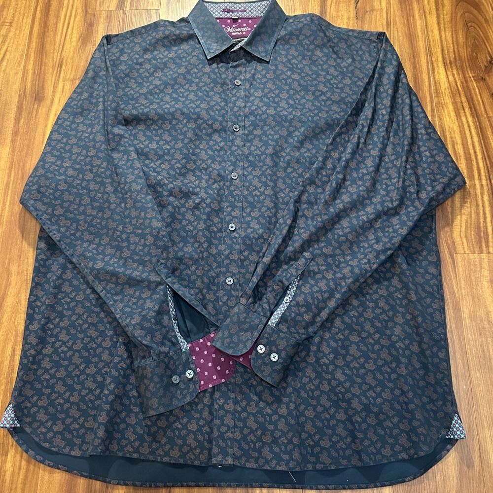 Visconti Uomo Mens XL Navy Paisley Button Down Shirt 2 Ply Mercerized Cotton